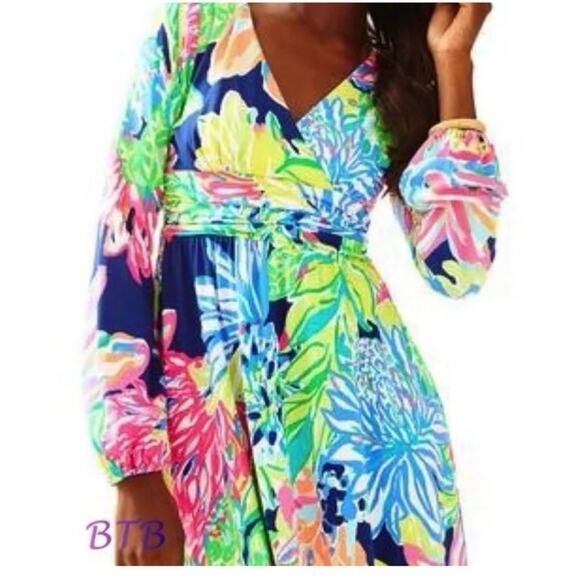 Lilly Pulitzer dress XL Fleur Resort Floral Colorful fit flare wrap RECENT - Picture 3 of 12